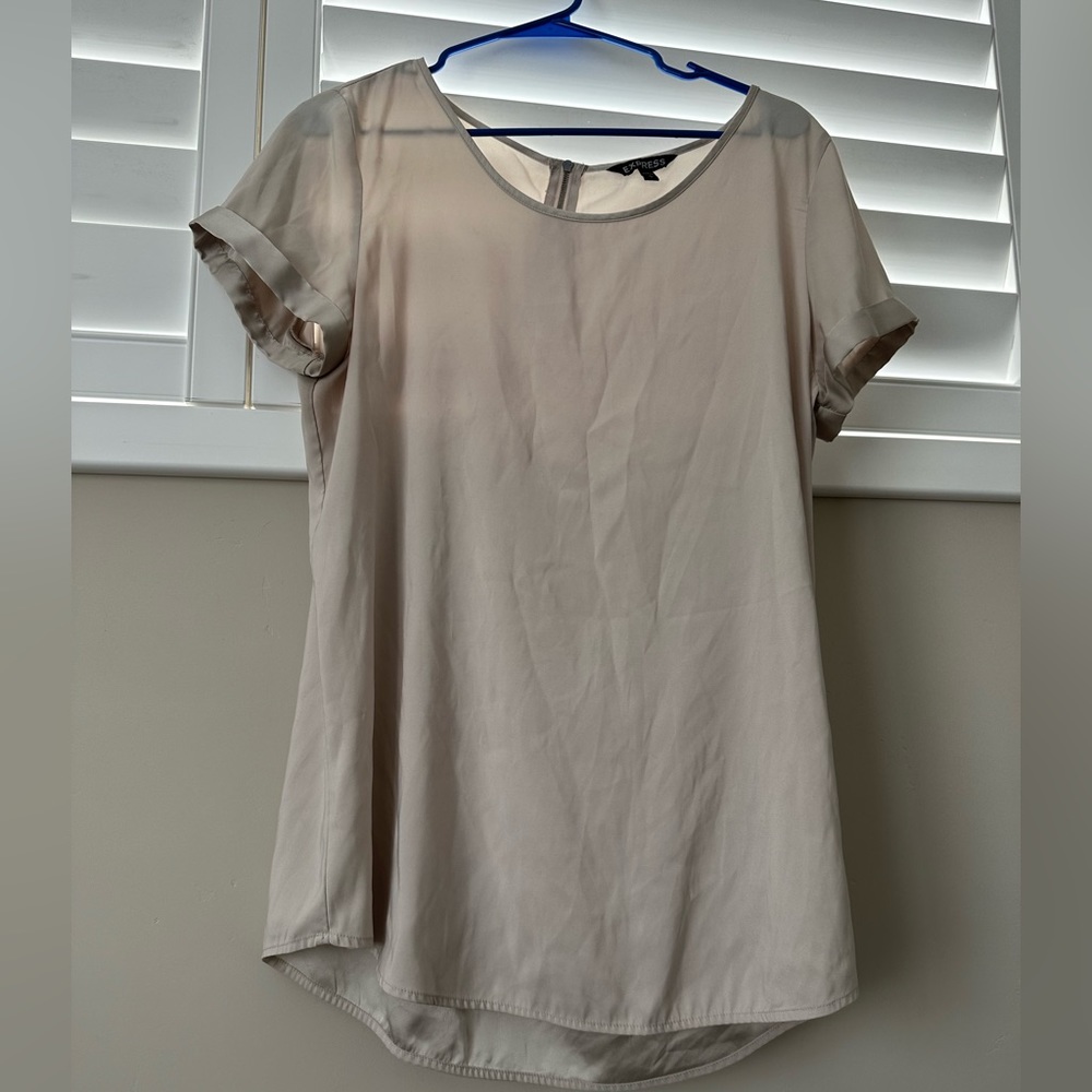 Express Silky Beige Cap Sleeve Cuffed Blouse in Large